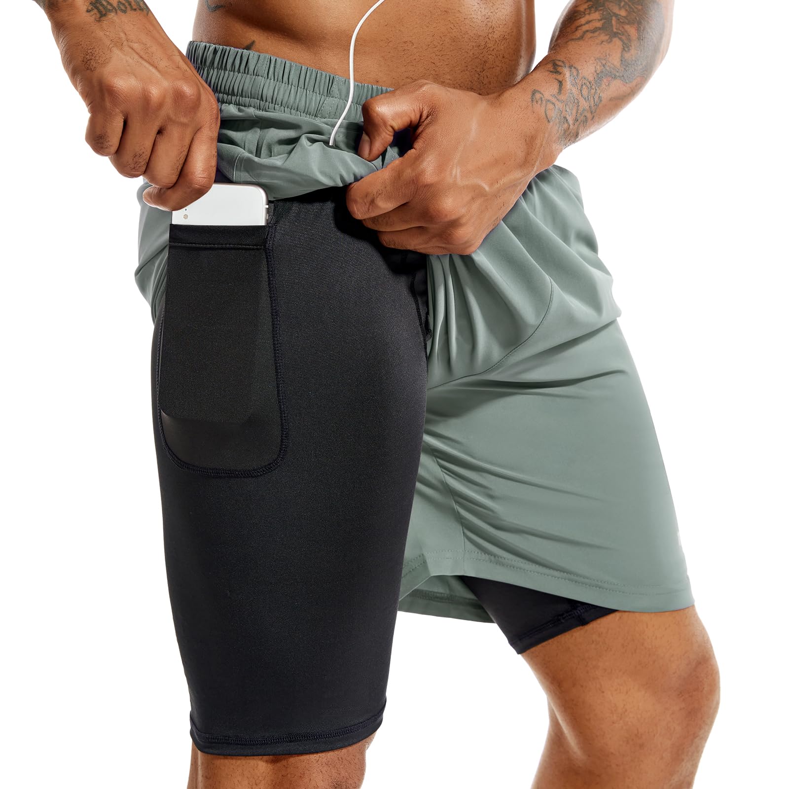 TENJOY Men’s 2-in-1 Quick-Dry Running Shorts with Phone Pockets