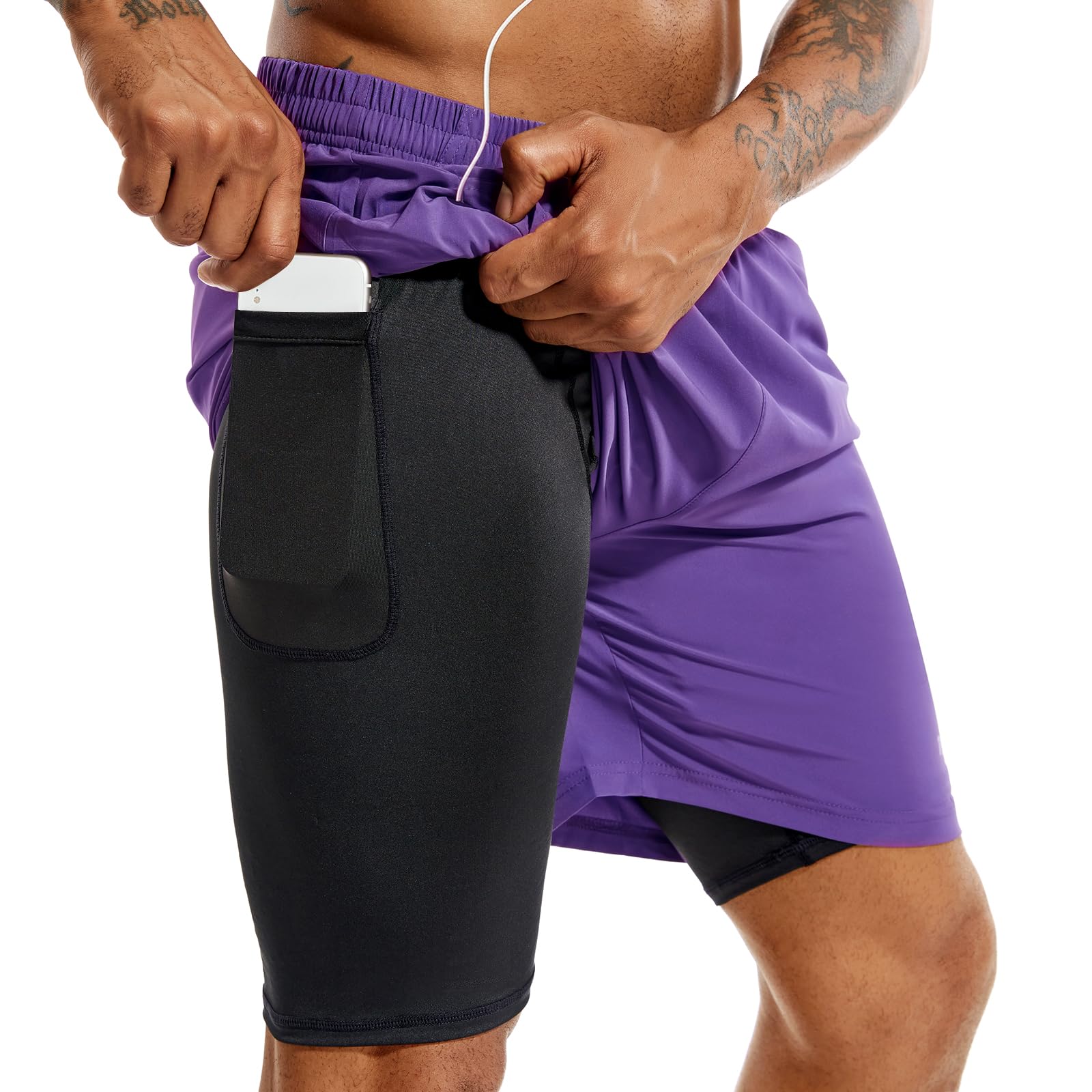TENJOY Men’s 2-in-1 Quick-Dry Running Shorts with Phone Pockets
