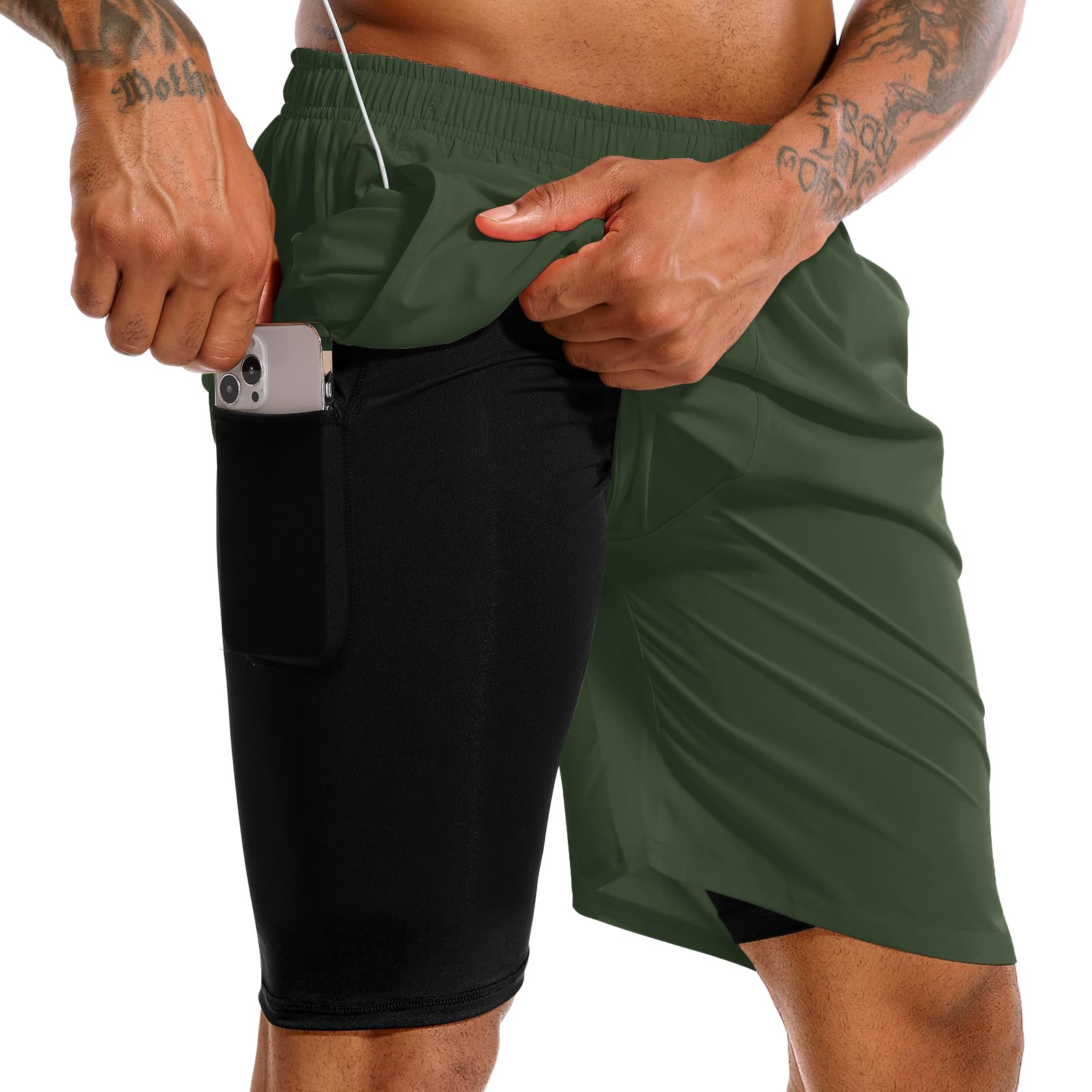 TENJOY Men’s 2-in-1 Quick-Dry Running Shorts with Phone Pockets