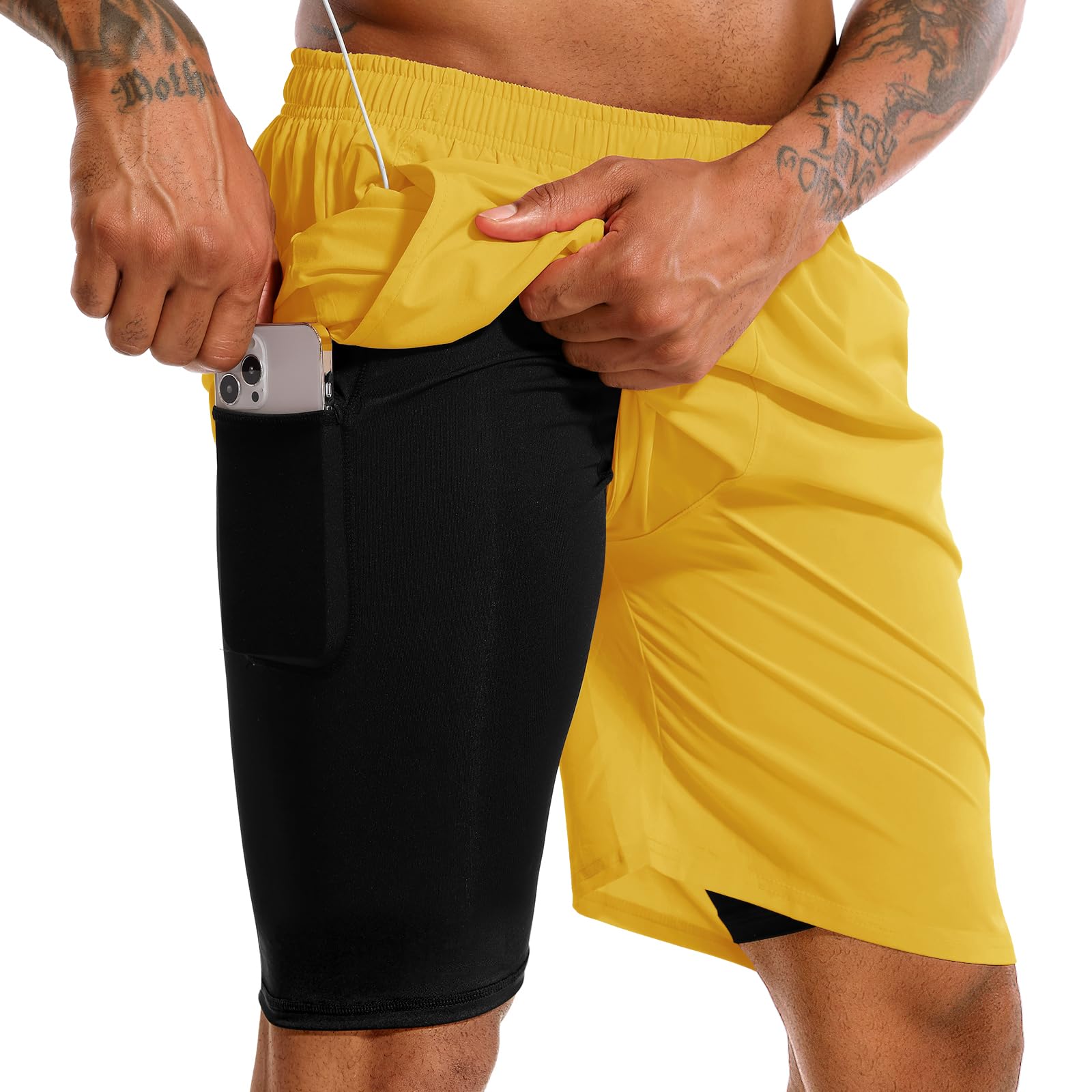 TENJOY Men’s 2-in-1 Quick-Dry Running Shorts with Phone Pockets