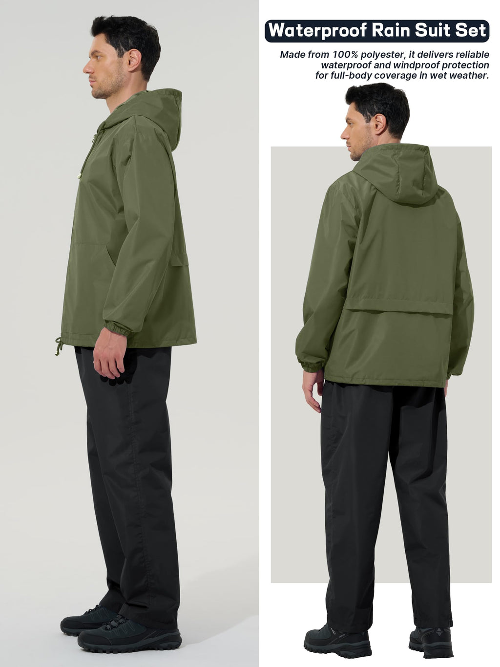 UIQUR Men’s 2-Piece Waterproof Rain Jacket & Pants Set