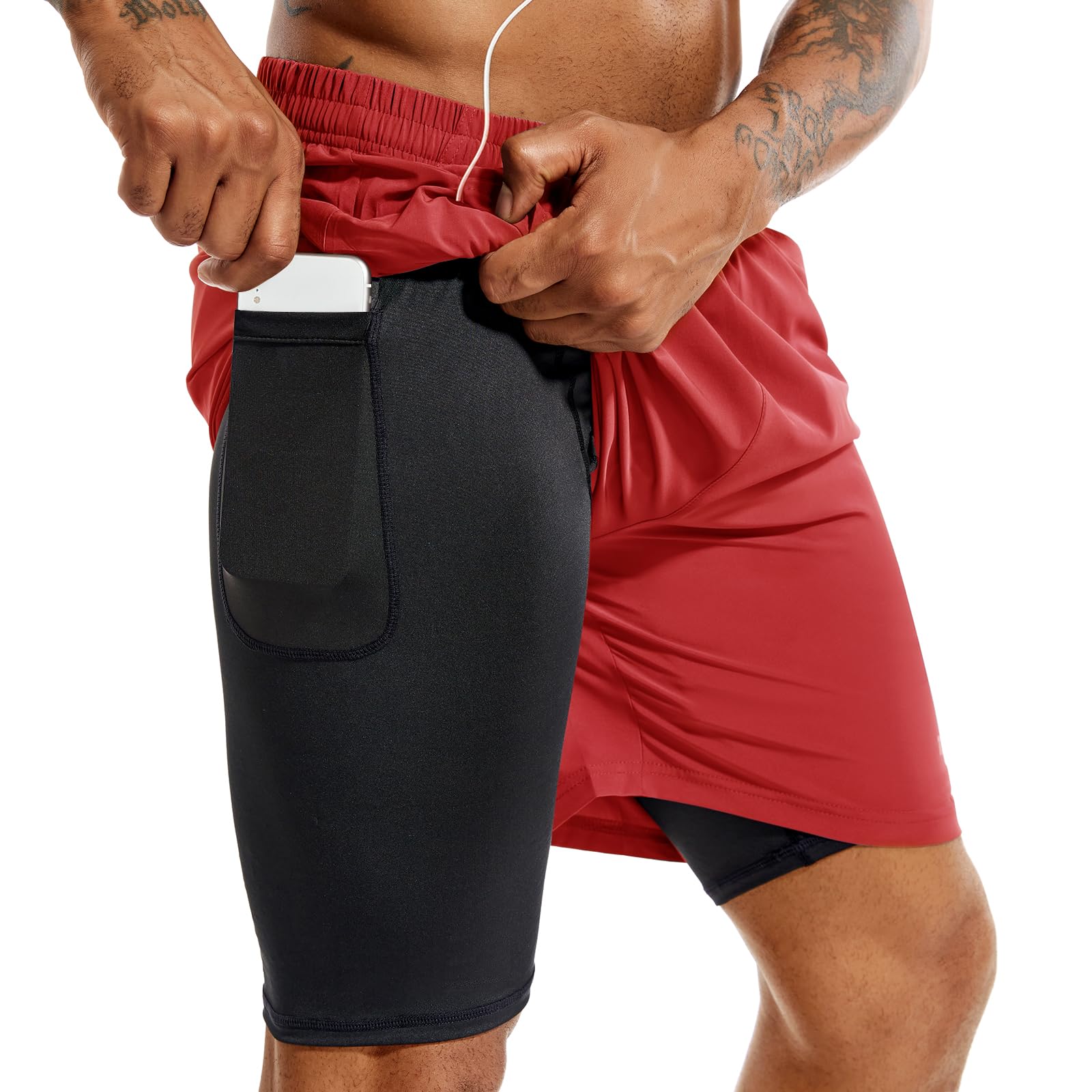 TENJOY Men’s 2-in-1 Quick-Dry Running Shorts with Phone Pockets