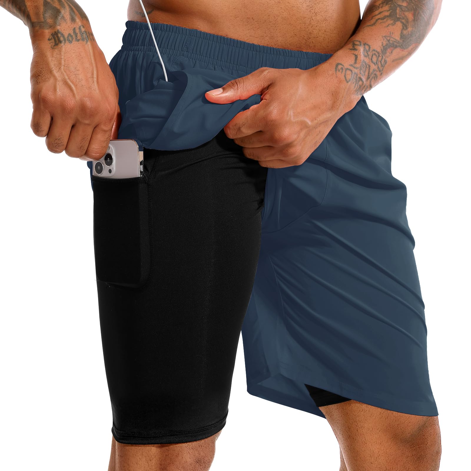 TENJOY Men’s 2-in-1 Quick-Dry Running Shorts with Phone Pockets