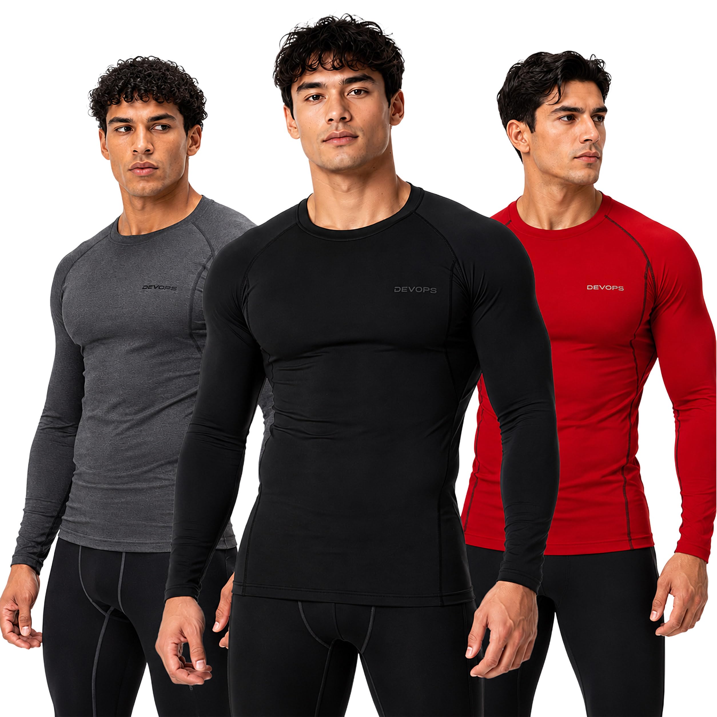 DEVOPS 3 Pack Men's Cool Dry Compression Baselayer Long Sleeve Shirts Top