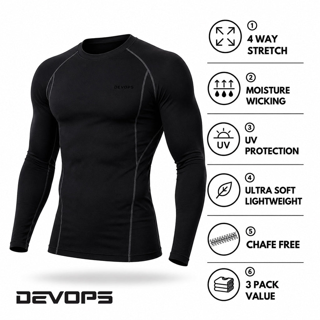 DEVOPS 3 Pack Men's Cool Dry Compression Baselayer Long Sleeve Shirts Top