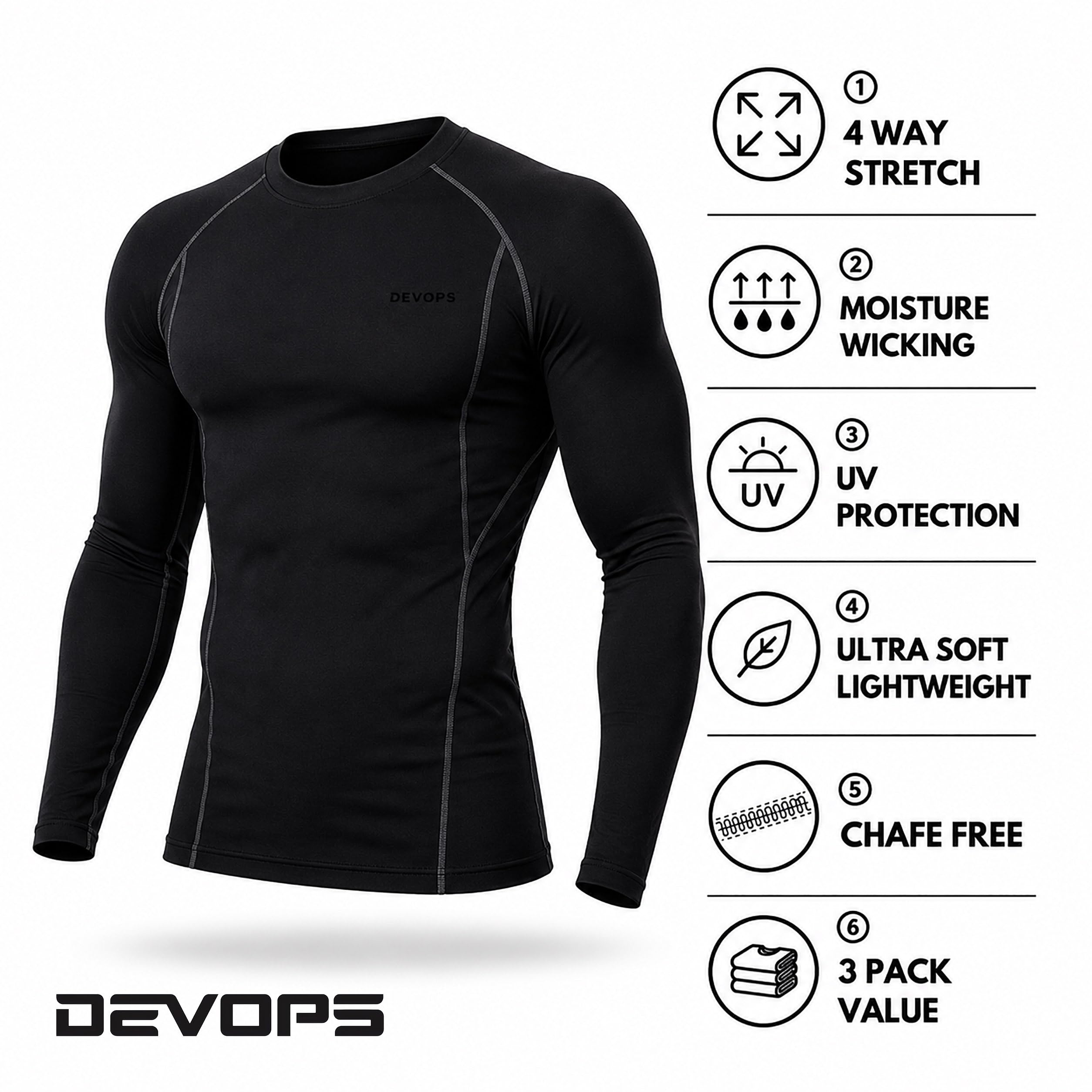 DEVOPS 3 Pack Men's Cool Dry Compression Baselayer Long Sleeve Shirts Top