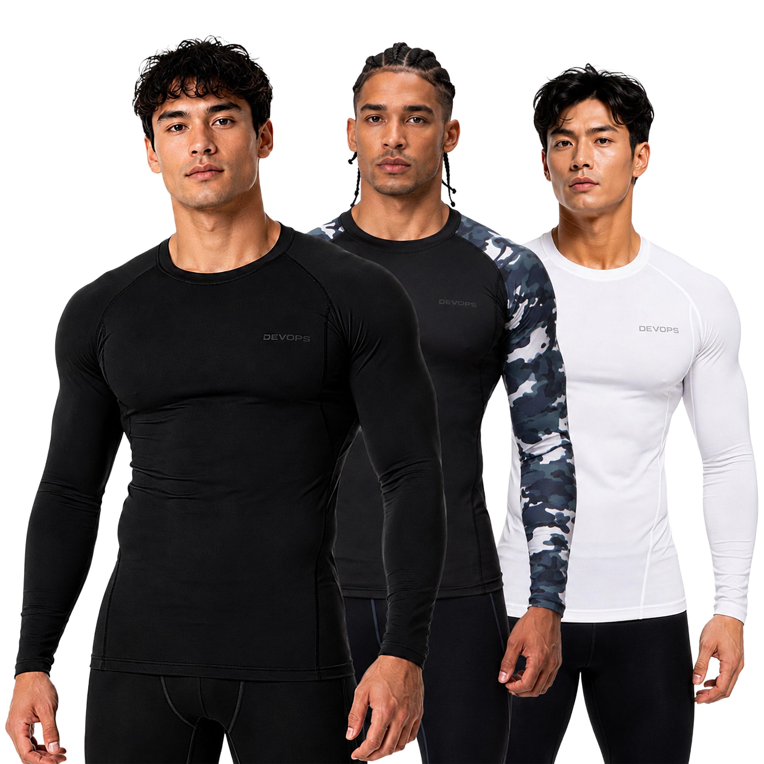 DEVOPS 3 Pack Men's Cool Dry Compression Baselayer Long Sleeve Shirts Top