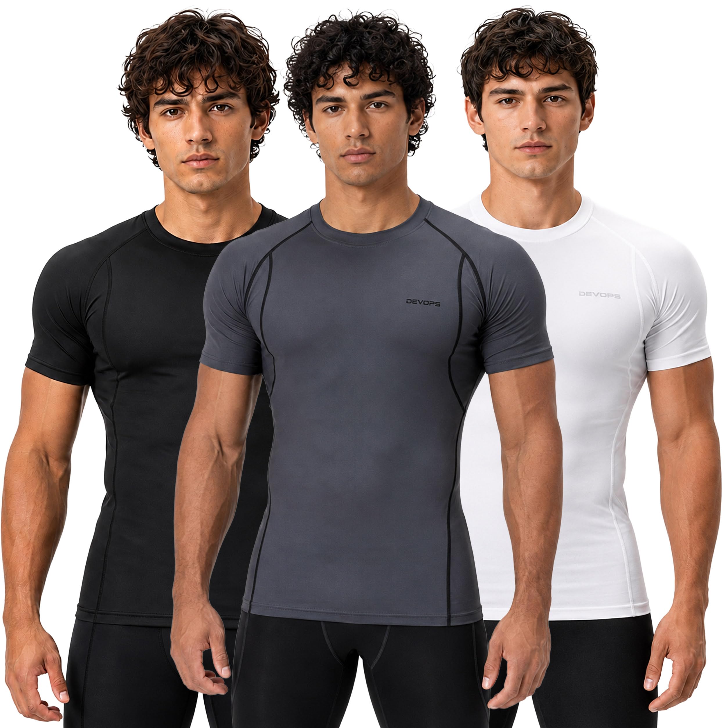 DEVOPS 3 Pack Men's Cool Dry Compression Baselayer Short Sleeve Shirts Top
