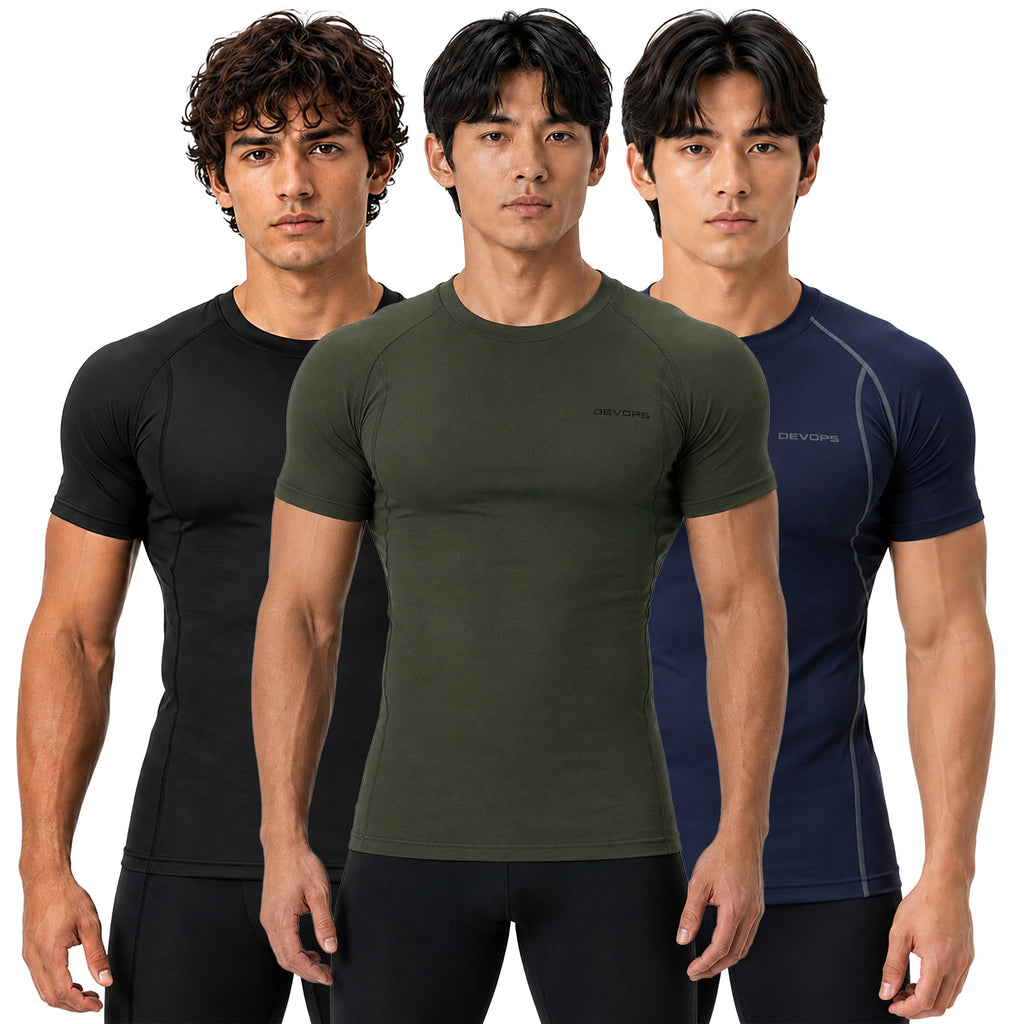 DEVOPS 3 Pack Men's Cool Dry Compression Baselayer Short Sleeve Shirts Top