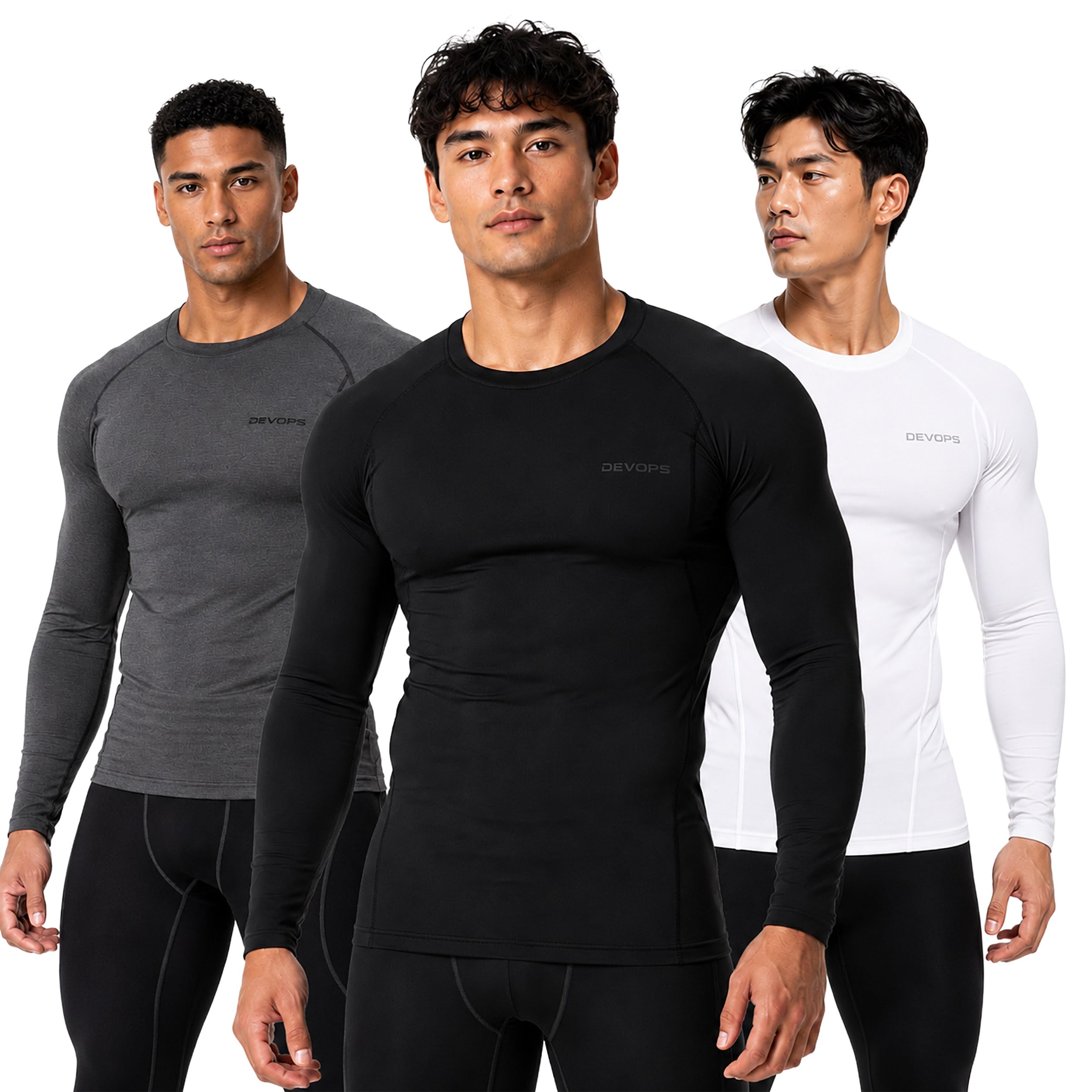 DEVOPS 3 Pack Men's Cool Dry Compression Baselayer Long Sleeve Shirts Top