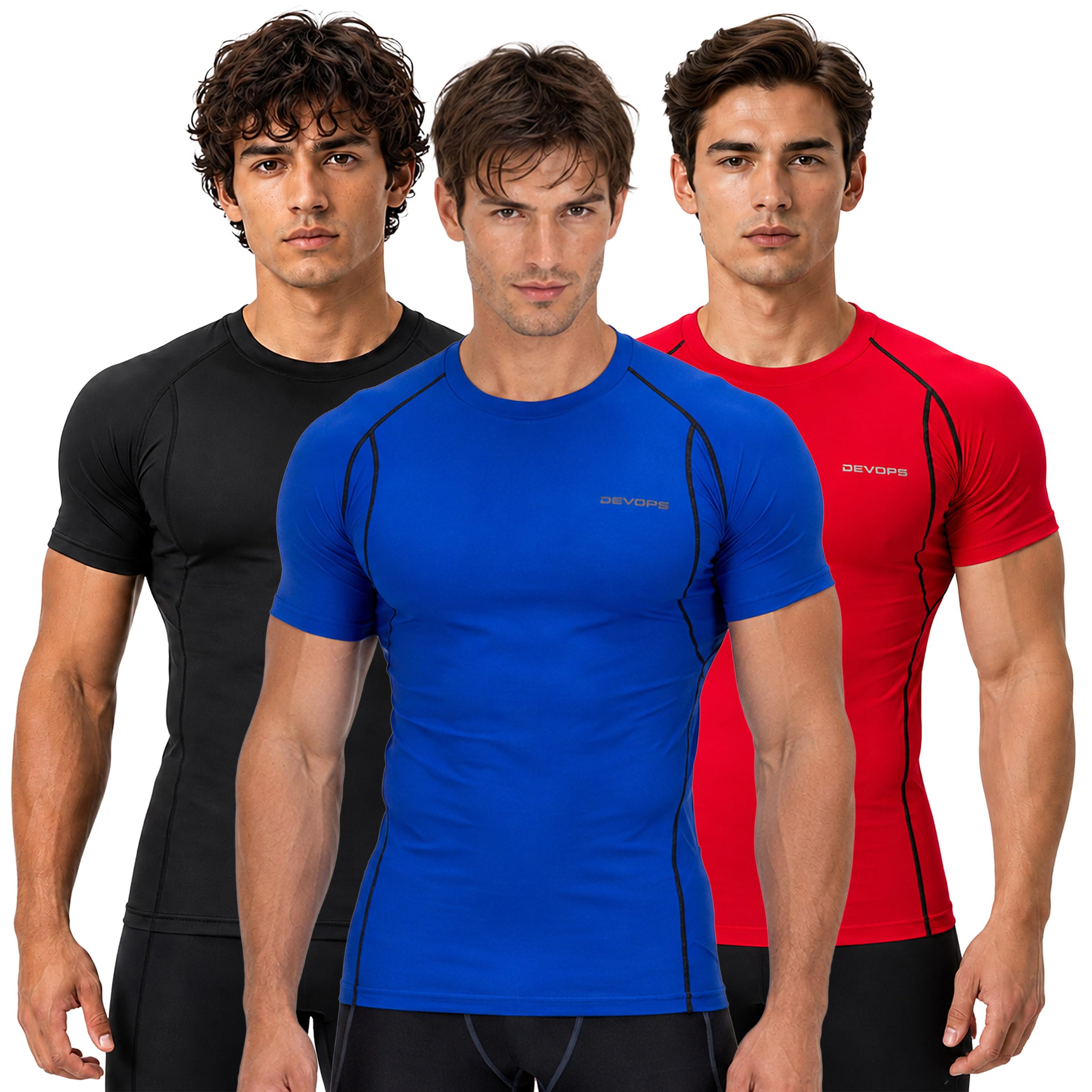 DEVOPS 3 Pack Men's Cool Dry Compression Baselayer Short Sleeve Shirts Top