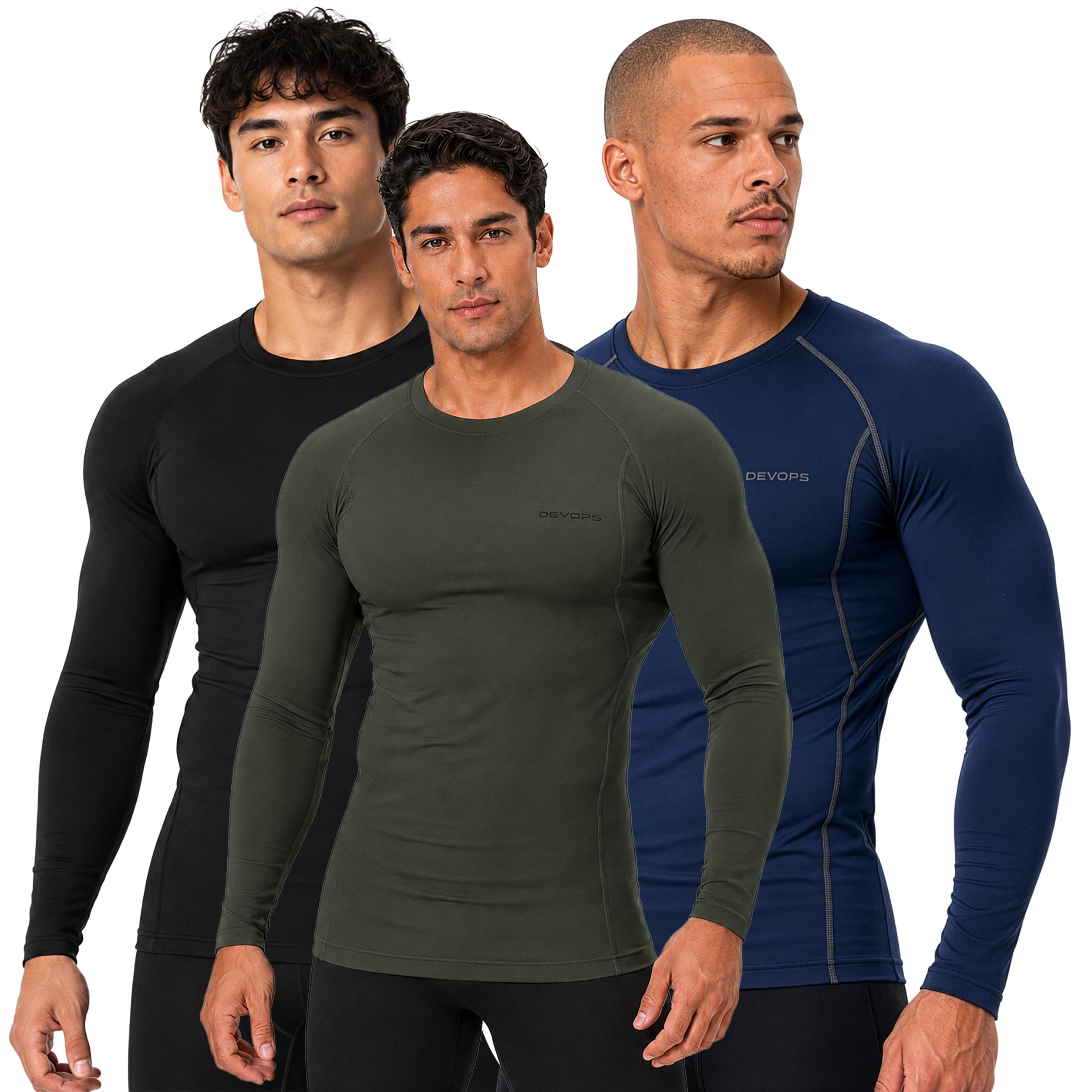 DEVOPS 3 Pack Men's Cool Dry Compression Baselayer Long Sleeve Shirts Top